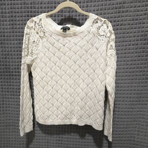 White Open Knit Lace Sweater SzM Coquette Boho Chic Cottage Romantic Feminine
